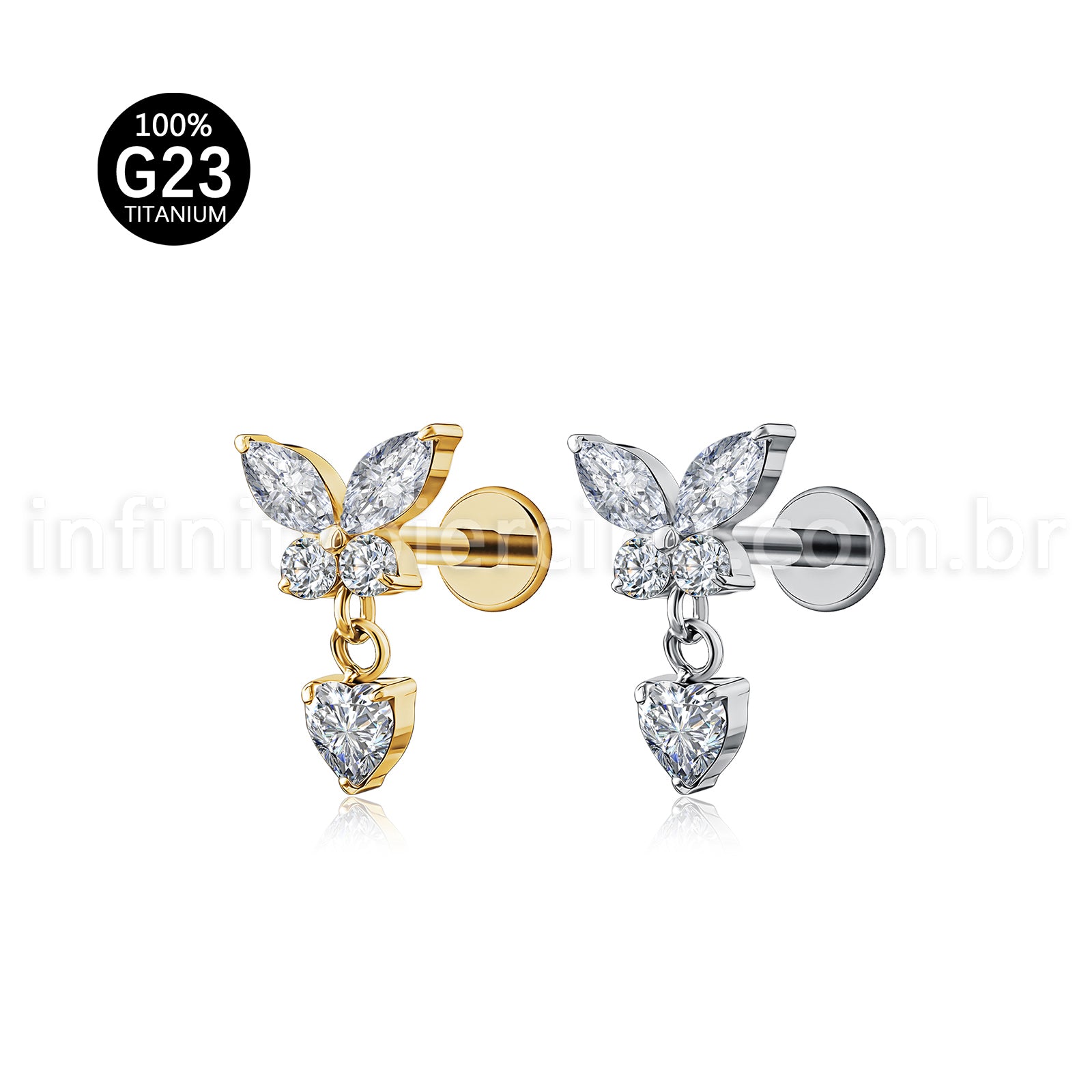 Piercing Labret Titânio Borboleta Com Pingente Coração